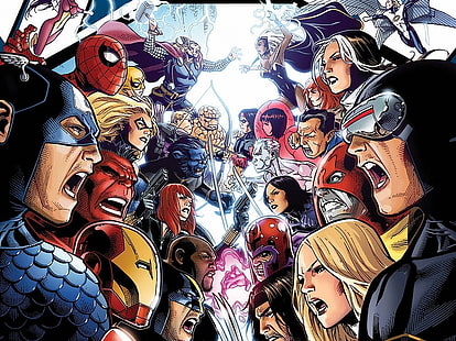 X-Men ، Avengers vs.x-Men ، Angel (Marvel Comics) ، Beast (Marvel Comics) ، Ben Grimm ، Black Widow ، Captain America ، Cyclops (Marvel Comics) ، Hawkeye ، Hero for Hire ، Iceman (Marvel Comics) ، القبضة الحديدية ، الرجل الحديدي ، الطاغوت (مارفيل كوميكس) ، لوك كيج ، ماجنيتو (مارفيل كوميكس) ، باور مان ، ريد هالك ، روغ (مارفيل كوميكس) ، سبايدر مان ، سبايدر وومان ، ستورم (مارفيل كوميكس) ، شيء (مارفيل) كاريكاتير) ، ثور ، ولفيرين، خلفية HD HD wallpaper