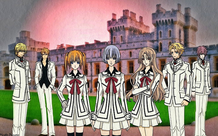 wallpaper karakter anime, ksatria vampir, kerumunan, kastil, matahari terbenam, Wallpaper HD