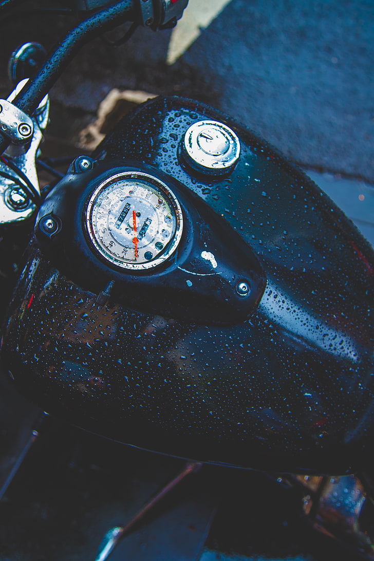 black motorcycle fuel tank, tank, motorcycle, drops, speedometer, HD wallpaper