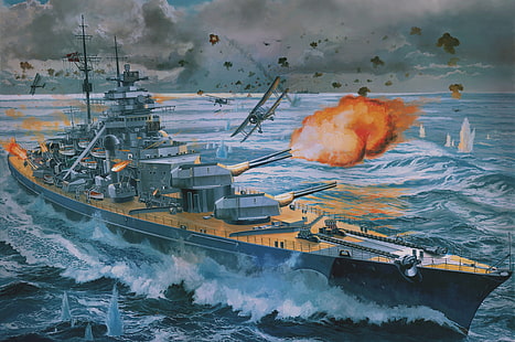 илюстрация на боен кораб, Небето, Море, Фигура, Самолетът, Кораб, Стрелба, Битка, Крейсер, Боен кораб, Бисмарк, HD тапет HD wallpaper
