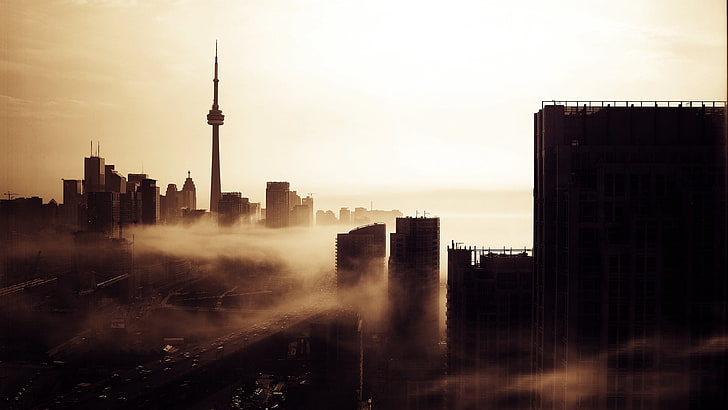 high rise buildings, morning, fog, building, HD wallpaper