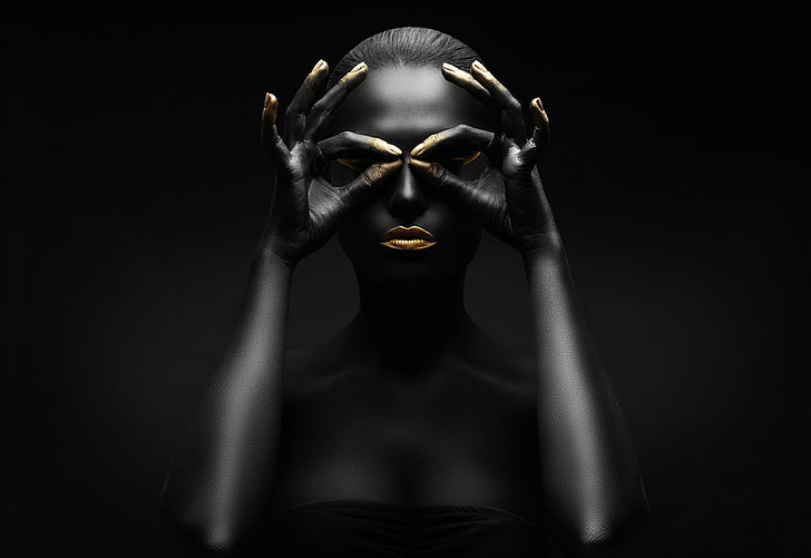wajah wanita, emas, hitam, figur, pose, make up, Wallpaper HD