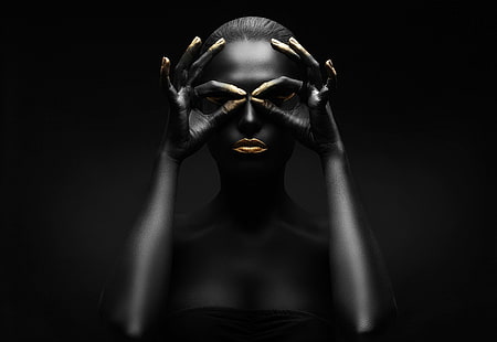 женско лице, злато, черно, фигура, поза, грим, HD тапет HD wallpaper