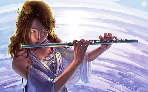 Tocando la flauta, imágenes prediseñadas de una mujer con instrumento de viento, arte digital, 1920x1200, mujer, flauta, Fondo de pantalla HD HD wallpaper