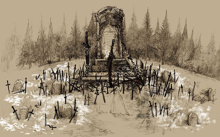 Dark Souls Cemetery Drawing Sword Tombstone HD, videojuegos, dibujo, oscuro, espada, almas, cementerio, lápida, Fondo de pantalla HD