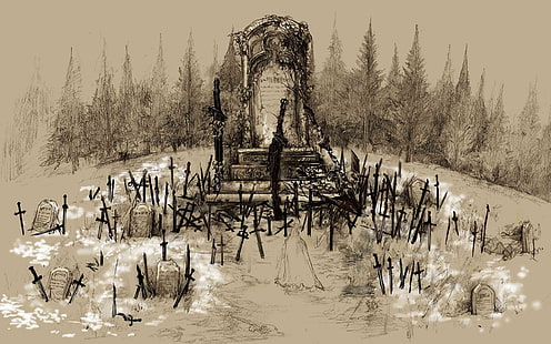 Dark Souls Cemetery Drawing Sword Tombstone HD, videospel, ritning, mörk, svärd, souls, kyrkogård, gravsten, HD tapet HD wallpaper