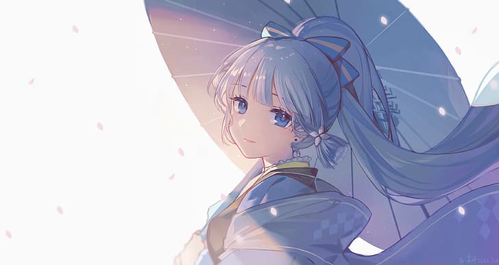 Genshin Impact, 삽화, Kamisato Ayaka (Genshin Impact), 애니메이션, 애니메이션 소녀들, 은발, 파란 눈, 포니테일, 우산, 일본 옷, HD 배경 화면