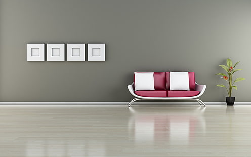kırmızı beyaz iki koltuk atma minderli iki beyaz yastık, kanepe, yastık, küvet, bitki, çerçeve, HD masaüstü duvar kağıdı HD wallpaper