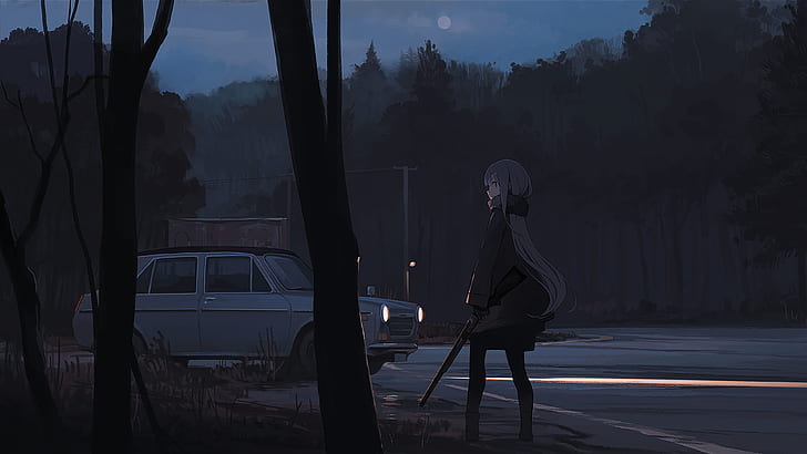 Anime, Anime Girls, dunkler Hintergrund, Nacht, Wald, Auto, Straßenrand, Straße, lange Haare, Waffe, weiße Haut, HD-Hintergrundbild