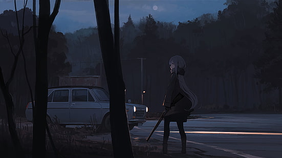 Anime, Anime Girls, dunkler Hintergrund, Nacht, Wald, Auto, Straßenrand, Straße, lange Haare, Waffe, weiße Haut, HD-Hintergrundbild HD wallpaper