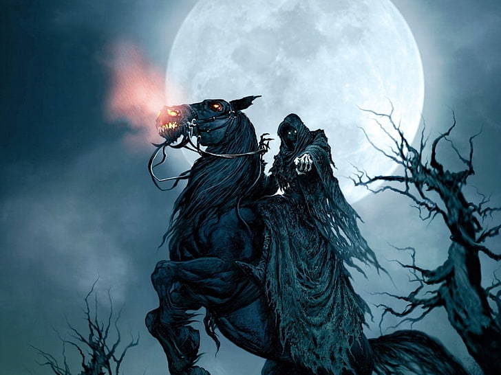 mietitore cavalcando illustrazione cavallo, Grim Reaper, Luna, cavallo, alberi, fantasy art, Sfondo HD