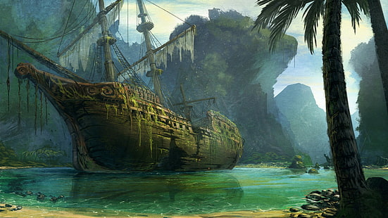 laut, kapal tua, pohon-pohon palem, bajak laut, seni fantasi, kecelakaan, karya seni, Wallpaper HD HD wallpaper