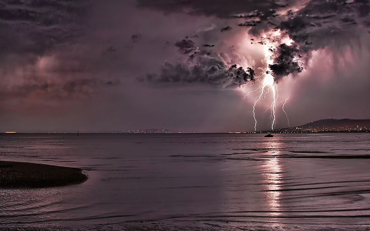 calm body of water, lightning, water, clouds, digital art, storm, sea, HD wallpaper