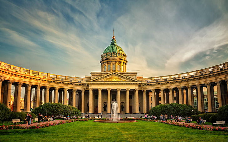 サンクトペテルブルク、ロシア、建築、草原、噴水広場、セントペテルブルグ、ロシア、建築、草原、噴水広場、 HDデスクトップの壁紙