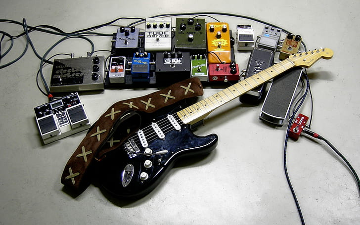 Guitar Pedals HD, black electric guitar, music, guitar, pedals, HD wallpaper