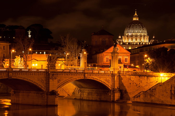 light, night, the city, river, lighting, Rome, lights, Italy, architecture, The Vatican, The Tiber, St. Peter's Cathedral, St. Peter's Basilica, St. Angelo Bridge, Ponte Sant'angelo, The state of Vatican City, HD wallpaper