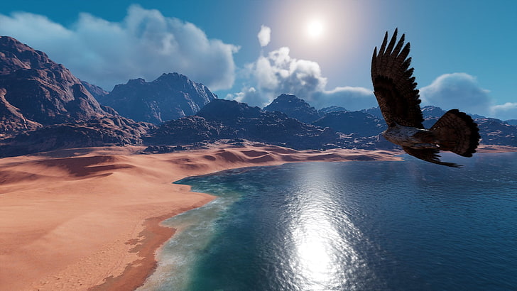 oiseau noir, Assassin's Creed Origins, aigle, mer, Bayek, Assassin's Creed: Origins, Fond d'écran HD