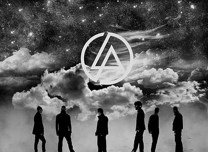 Linkin Park Ali Ghasaby, giacca e pantaloni da uomo, Music, Stars, Clouds, Band, sky, black and white, bw, 2012, linkin park, ali ghasaby, Sfondo HD HD wallpaper