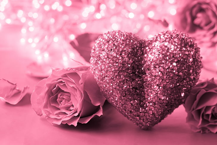 Artistic, Heart, Close-Up, Flower, Glitter, Love, Pink, Pink Flower, Romantic, Rose, HD wallpaper