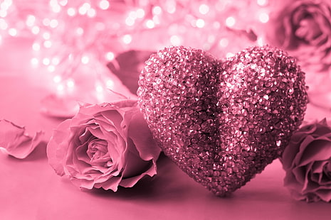 Konstnärlig, Hjärta, Närbild, Blomma, Glitter, Kärlek, Rosa, Rosa Blomma, Romantisk, Rose, HD tapet HD wallpaper