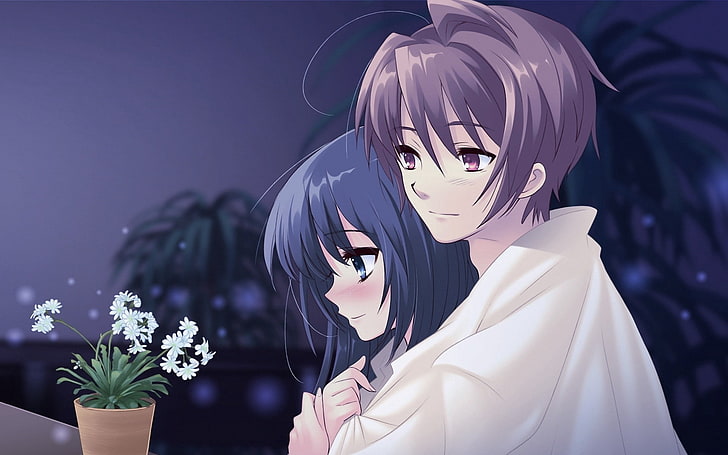 мужчина и женщина аниме персонажа иллюстрации, аниме, мальчик, девочка, горшок, цветок, объятие, нежность, HD обои