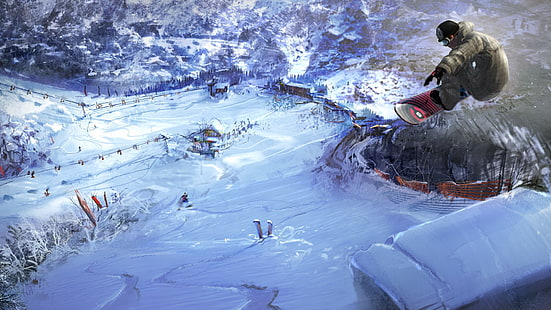 snowboarding illustration, snowboard, jump, extreme, descent, village, HD wallpaper HD wallpaper