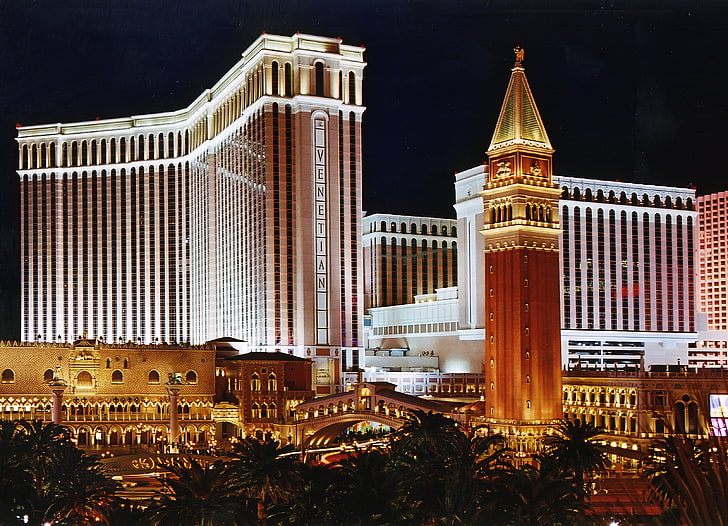 茶色の照明の高層ビル、パラッツォリゾートホテル、ホテル、ラスベガス、 HDデスクトップの壁紙