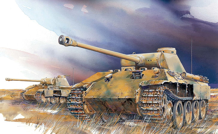 two brown artillery tanks, field, war, figure, art, artist, tanks, WW2, German, heavy, Panther Ausf. D., Jameson, HD wallpaper