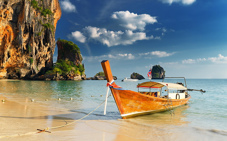 brown and white boat, thailand, tropics, sea, boat, HD wallpaper
