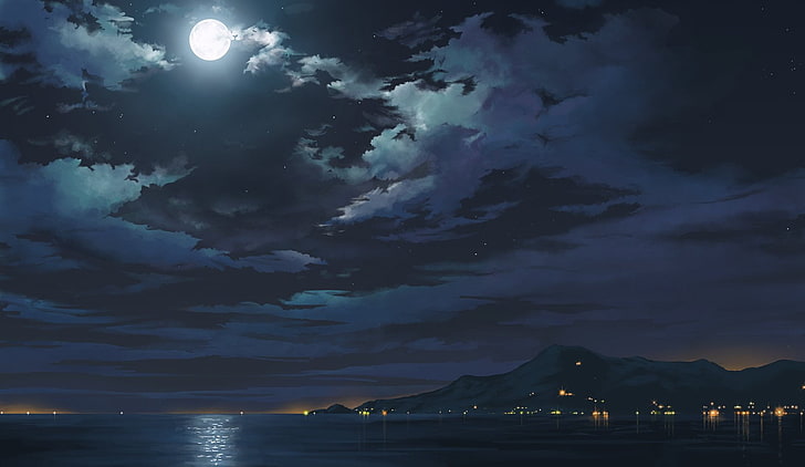 Anime, oryginał, chmura, krajobraz, księżyc, ocean, niebo, Tapety HD