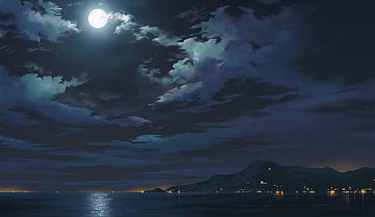Аниме, оригинал, облак, пейзаж, луна, океан, небе, HD тапет HD wallpaper