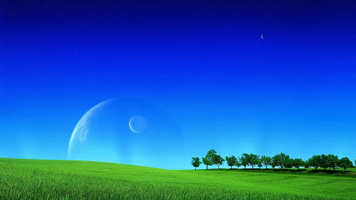 lapangan, rumput, sinar bulan, langit, planet, Wallpaper HD