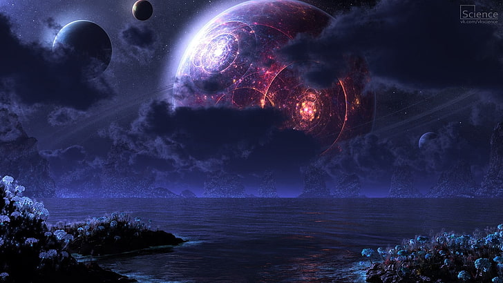 rote Planeten- und Ozeanmalerei, Raum, futuristisch, Galaxie, Raumkunst, Planet, Science Fiction, digitale Kunst, HD-Hintergrundbild