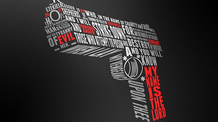 ilustrasi pistol putih dan merah, pistol, tipografi, Fiksi Pulp, Wallpaper HD