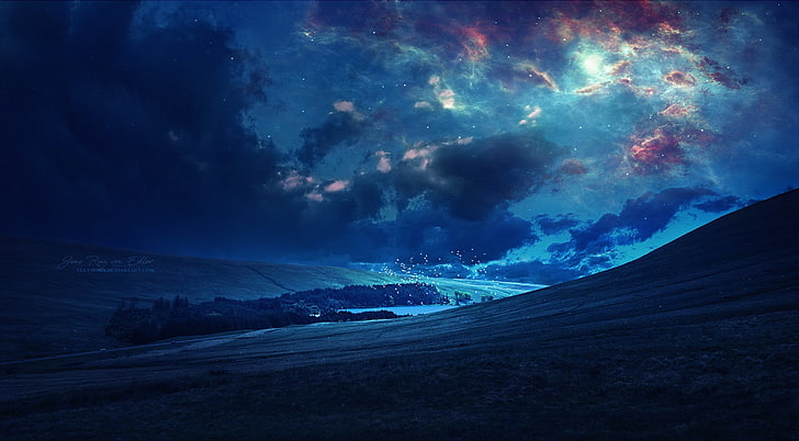 blue sky, artwork, landscape, clouds, field, grass, lake, night, cyan, stars, blue, hills, nebula, HD wallpaper