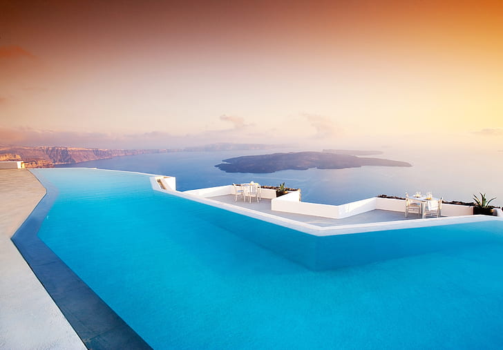 mar, islas, montañas, la tarde, piscina, Santorini, Grecia, sillas, el hotel, terraza, mesas, puesta de sol., Fondo de pantalla HD