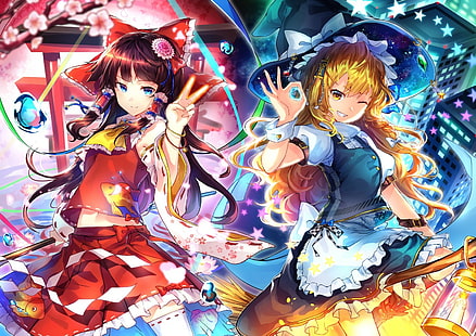 anime, Touhou, Hakurei Reimu, Kirisame Marisa, HD wallpaper HD wallpaper