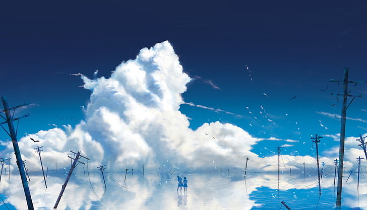 Anime, Original, Cloud, Girl, Reflection, Skirt, Sky, Telephone Pole, Water, HD wallpaper