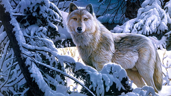 fauna silvestre, lobo, lobo blanco, pintura, arte de fantasía, nieve, lobo de la tundra de Alaska, invierno, congelación, árbol, perro lobo, Fondo de pantalla HD HD wallpaper