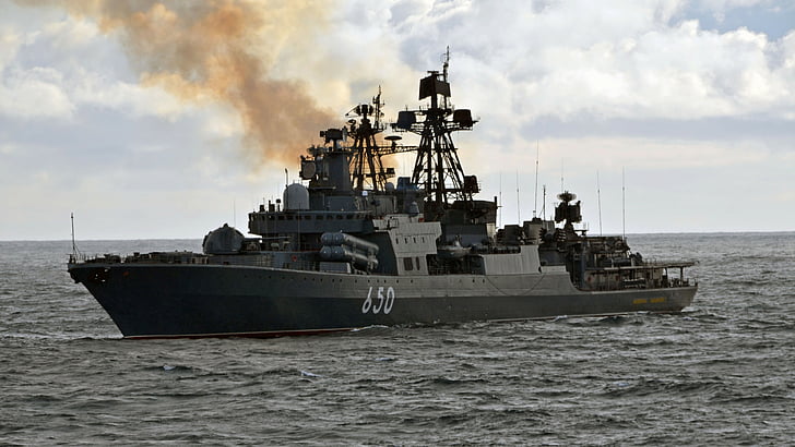 Фото черного военного корабля 650 на океане, адмирал Чабаненко, эсминец, 650, класс Удалой, ВМФ России, Россия, военный корабль, ракета, море, HD обои