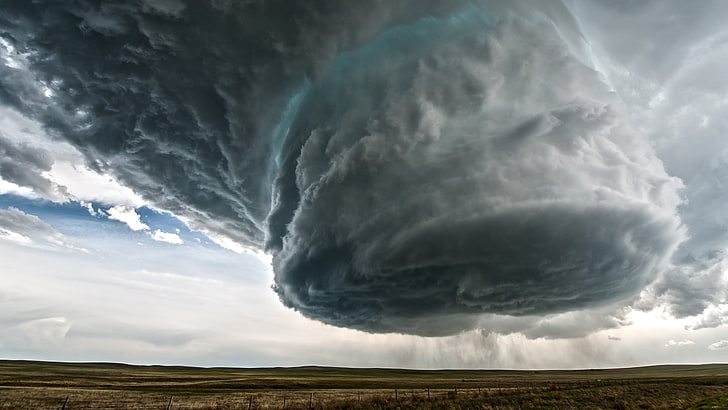 papel de parede digital tufão cinza, natureza, paisagem, nuvens, tempestade, Wyoming, EUA, supercélula (natureza), chuva, campo, grama, cerca, HD papel de parede
