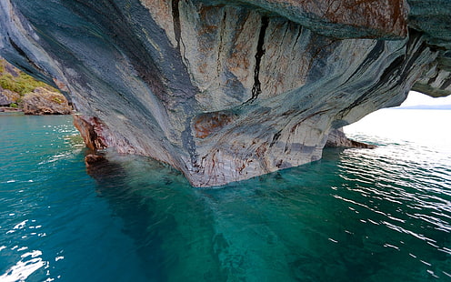 formación de roca blanca y azul, naturaleza, paisaje, lago, cueva, erosión, mármol, catedral, chile, turquesa, agua, Fondo de pantalla HD HD wallpaper