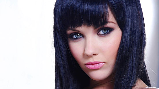 черна коса на жена, Мелиса Кларк, сини очи, брюнетка, модел, лице, HD тапет HD wallpaper