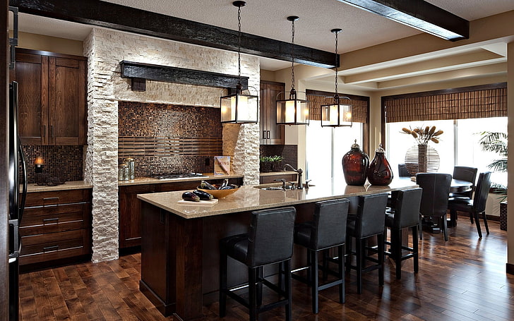 black bar stools, kitchen, dining room, interior design, HD wallpaper