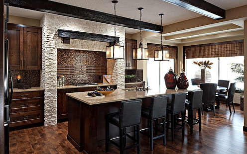 черни бар столове, кухня, трапезария, интериорен дизайн, HD тапет HD wallpaper
