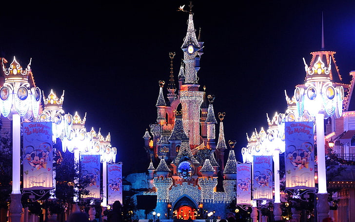 Disneyland, decorazioni, luci, castello, Francia, Parigi, Disneyland, Natale, luci natalizie, Sfondo HD