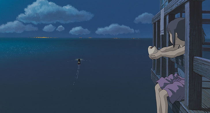 ест аниме девушка персонаж сидит на скамье подсудимых, Spirited Away, Studio Ghibli, море, пирс, аниме, HD обои