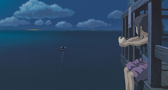comiendo personaje de chica anime sentado en el muelle, Spirited Away, Studio Ghibli, mar, muelle, anime, Fondo de pantalla HD HD wallpaper