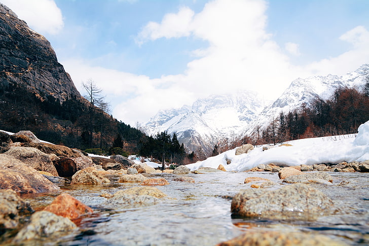 brown rocks, nature, water, snow, mountains, trees, HD wallpaper
