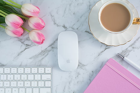 кафе, чаша, лалета, бележник, клавиатура, розово, цветя, нежна, HD тапет HD wallpaper